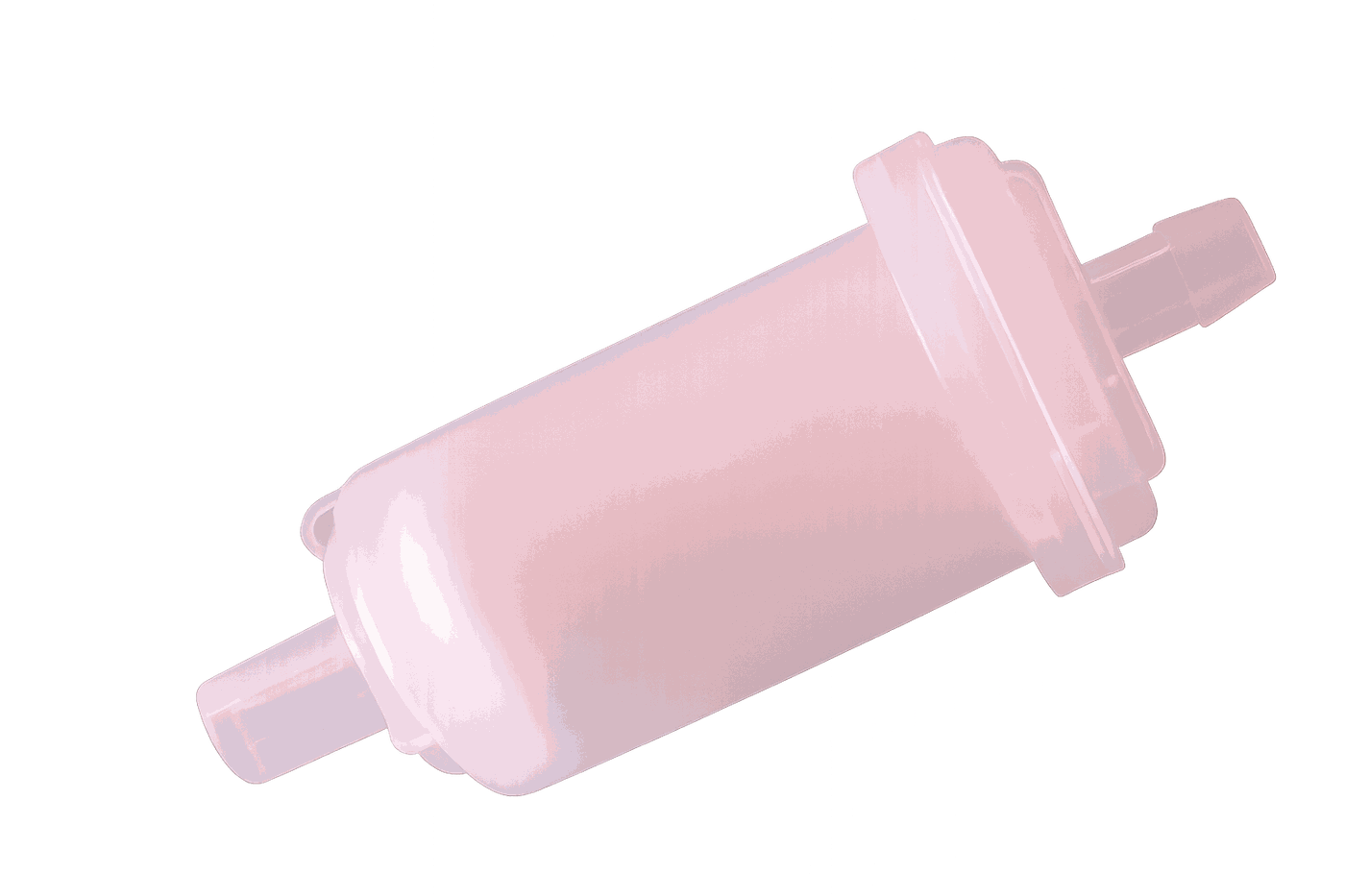 Gram disposable PTFE fiber cartridge filter — translucent inline filter housing with pink PTFE fiber media and barbed hose connectors