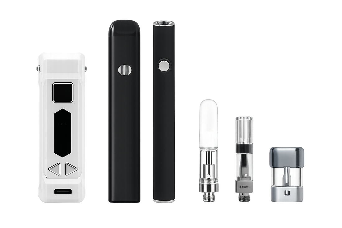 A range of vapor products the UVM tests — box mod, pod device, 510 battery, oil cartridges, and a pod, shown together